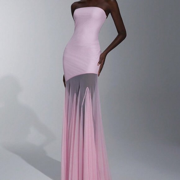 Pink Party Women's Elegant Bodycon Strapless maxi Mesh hem Dress - Picture 6 of 7